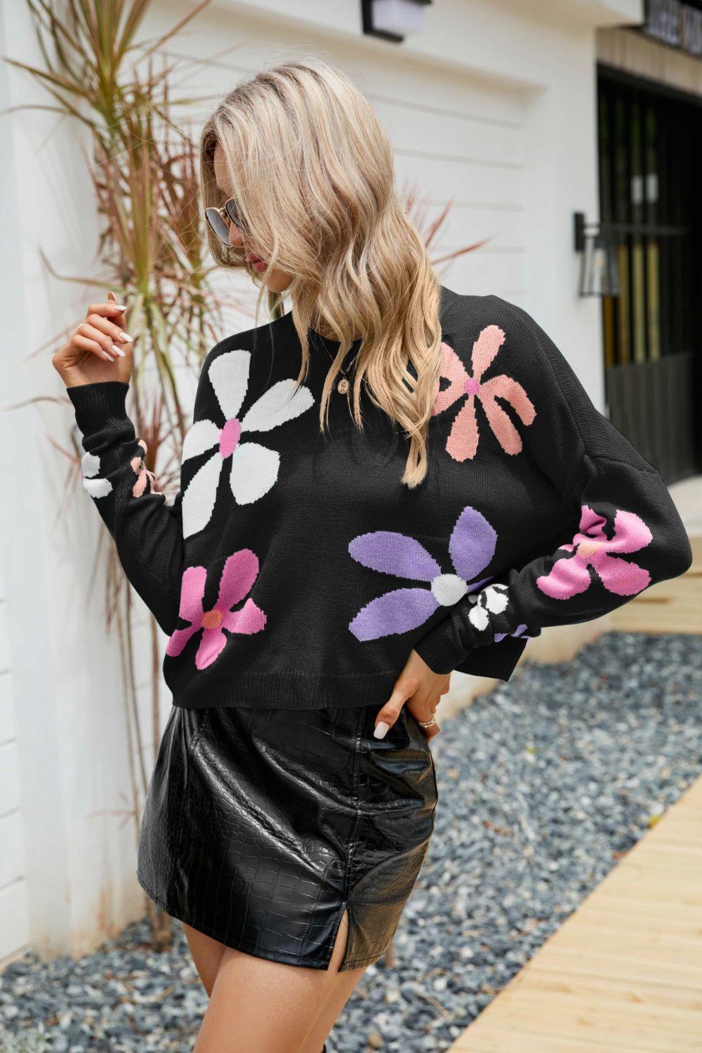 Blossoming Ribbed Trim Floral Sweater - MXSTUDIO.COM