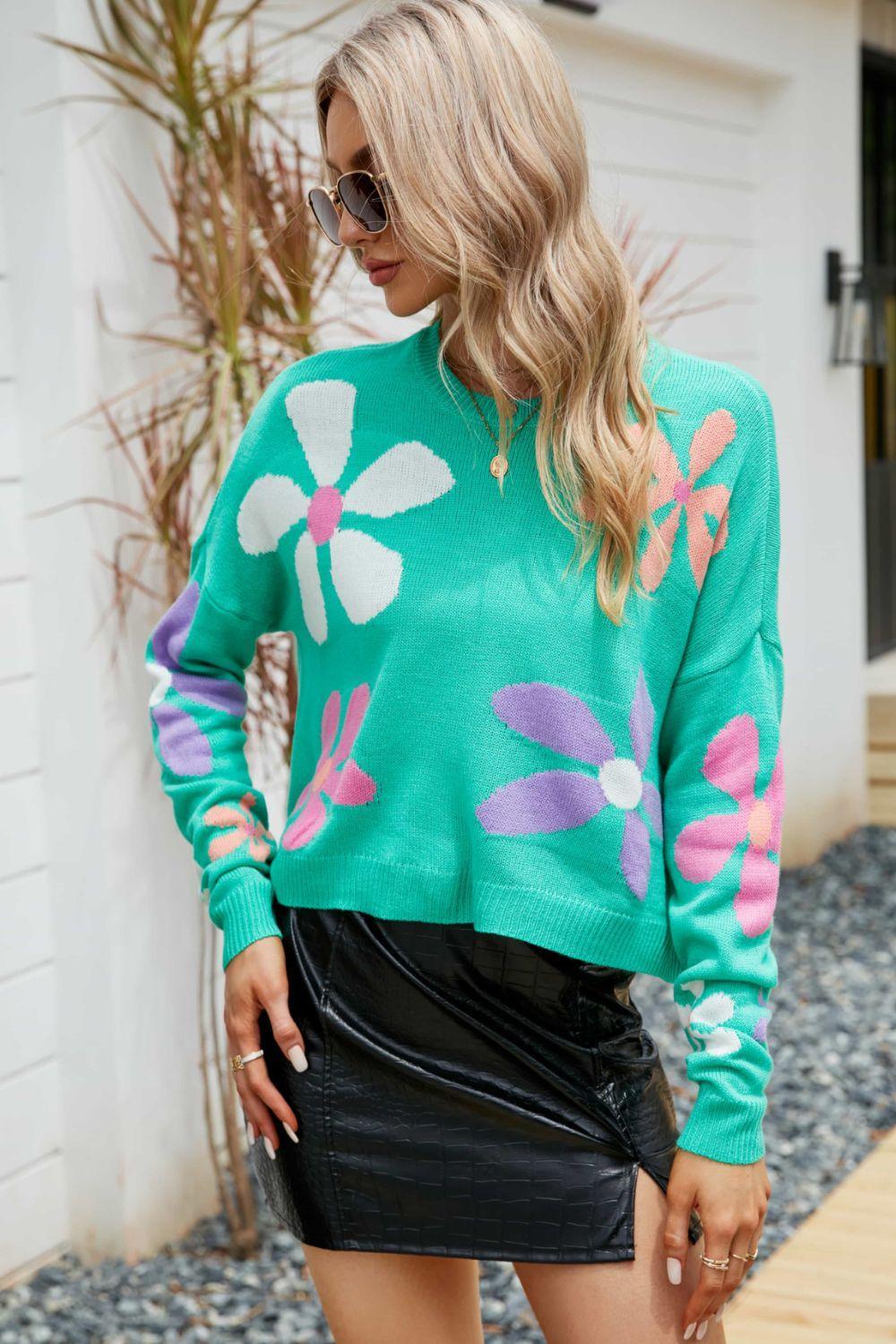Blossoming Ribbed Trim Floral Sweater - MXSTUDIO.COM