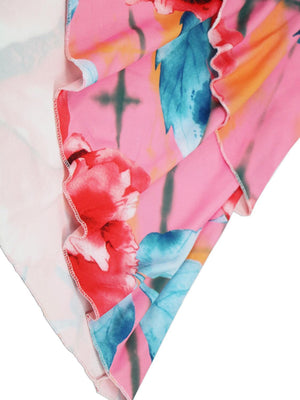 a close up of a pink and blue flowered dress