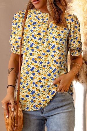 Blossoming Short Sleeve Yellow Floral Blouse - MXSTUDIO.COM