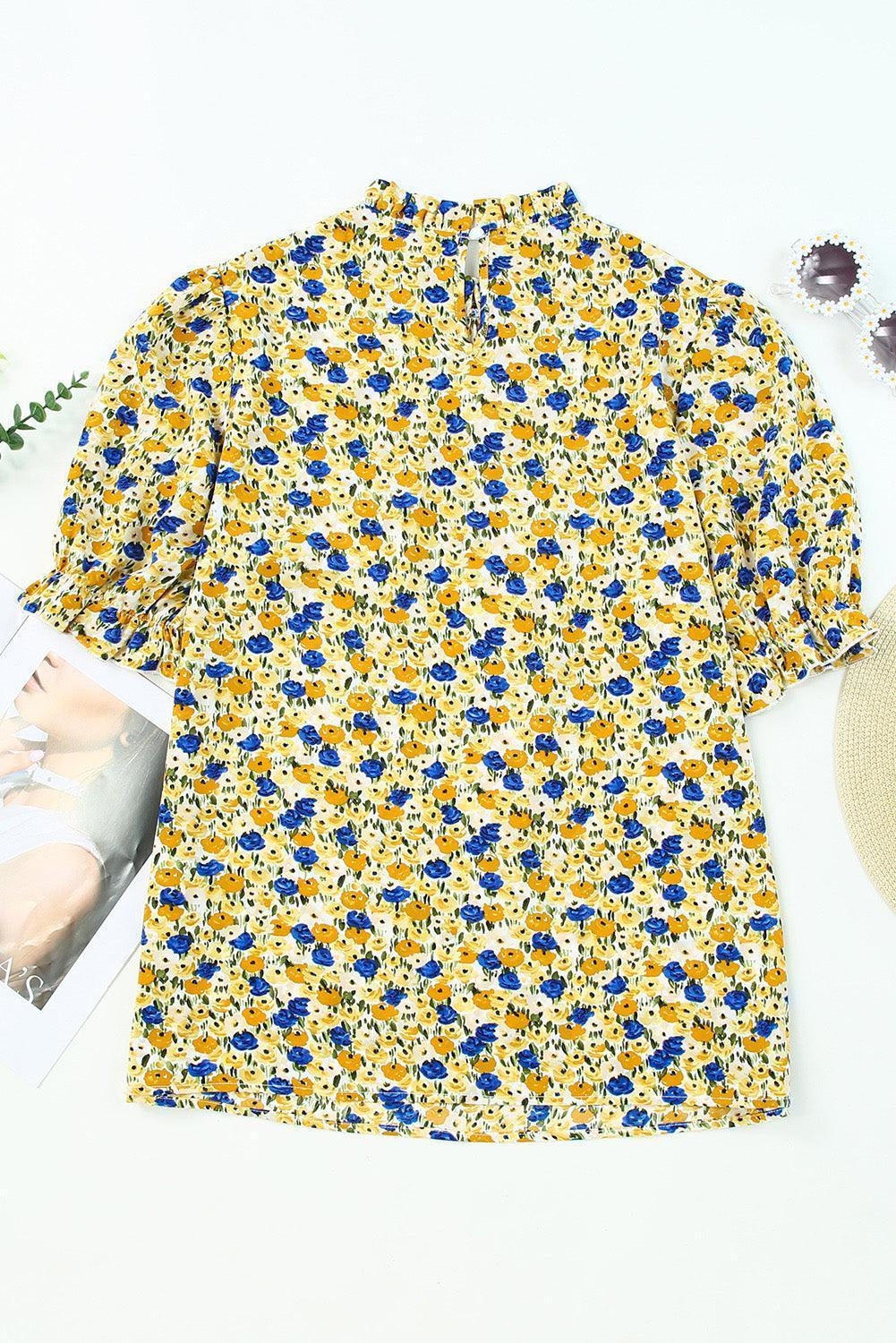 Blossoming Short Sleeve Yellow Floral Blouse - MXSTUDIO.COM