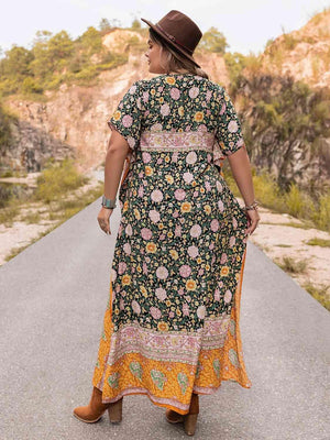 Blossoming Tie-Neck Plus Size Floral Print Dress - MXSTUDIO.COM