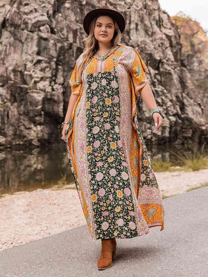 Blossoming Tie-Neck Plus Size Floral Print Dress - MXSTUDIO.COM