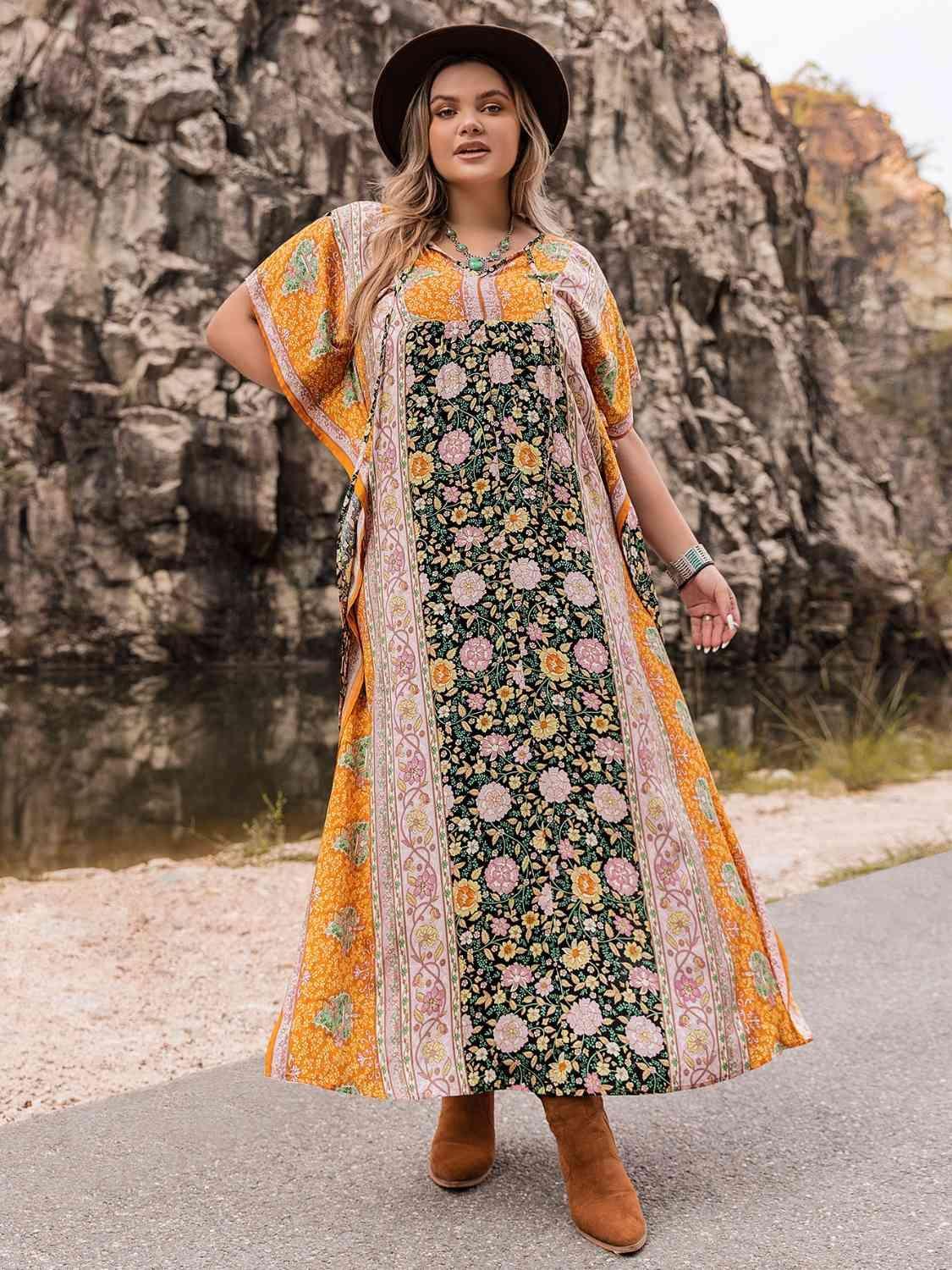 Blossoming Tie-Neck Plus Size Floral Print Dress - MXSTUDIO.COM