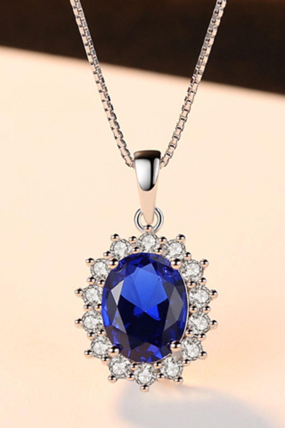 Blue Oval Synthetic Sapphire Pendant Necklace - MXSTUDIO.COM