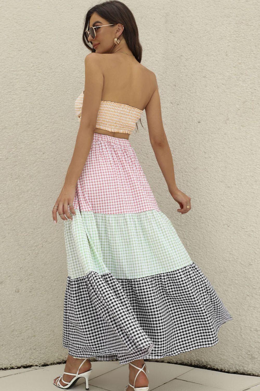 Bobby-Dazzler Plaid Strapless Top and Maxi Skirt Set - MXSTUDIO.COM