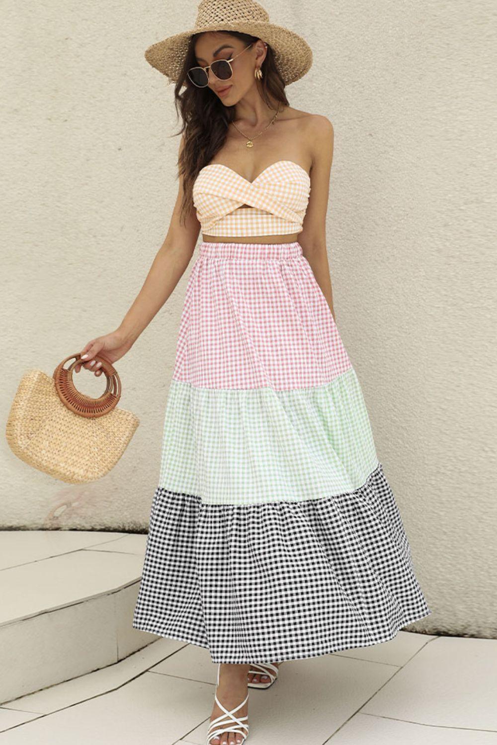 Bobby-Dazzler Plaid Strapless Top and Maxi Skirt Set - MXSTUDIO.COM