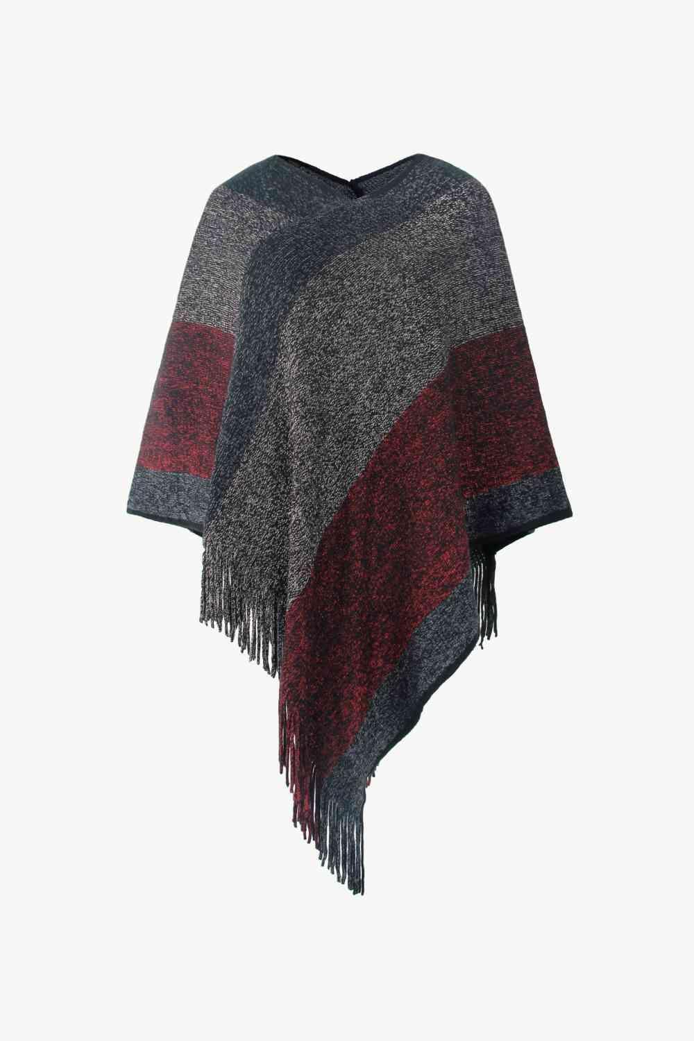 Bohemian Warmth Color Block Fringe Hem Poncho - MXSTUDIO.COM