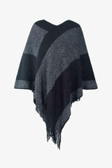 Bohemian Warmth Color Block Fringe Hem Poncho - MXSTUDIO.COM