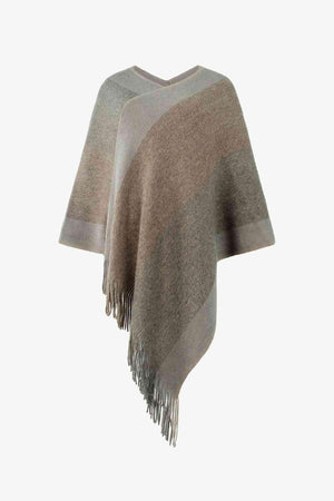 Bohemian Warmth Color Block Fringe Hem Poncho - MXSTUDIO.COM