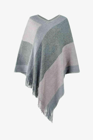 Bohemian Warmth Color Block Fringe Hem Poncho - MXSTUDIO.COM