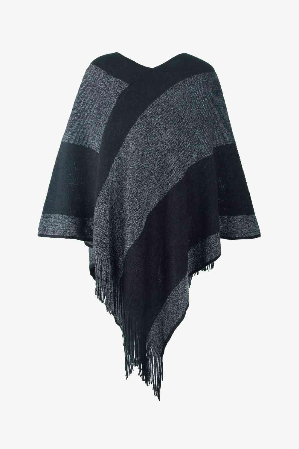 Bohemian Warmth Color Block Fringe Hem Poncho - MXSTUDIO.COM