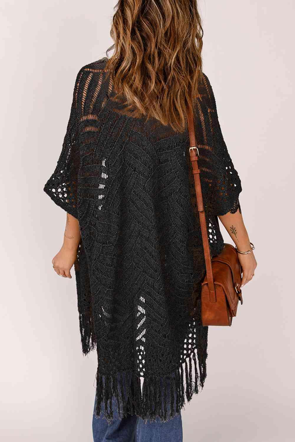 Boho Beauty Open Front Open Knit Fringe Cardigan-MXSTUDIO.COM