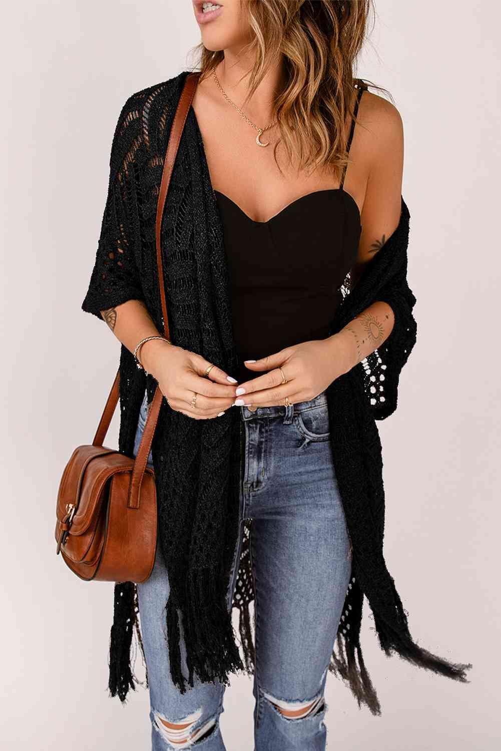 Boho Beauty Open Front Open Knit Fringe Cardigan-MXSTUDIO.COM