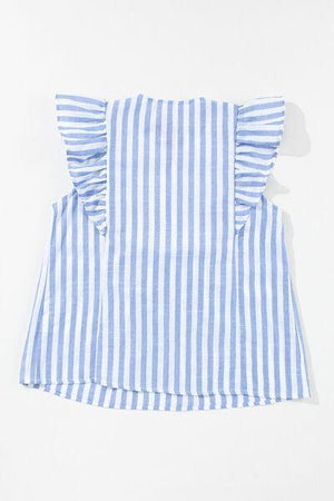 a blue and white striped top with ruffles