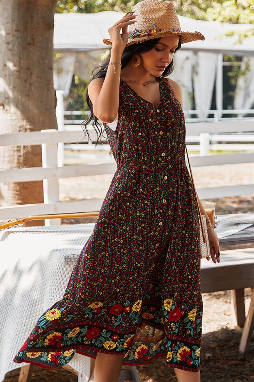 Boho Style V-Neck Floral Sleeveless Midi Dress - MXSTUDIO.COM