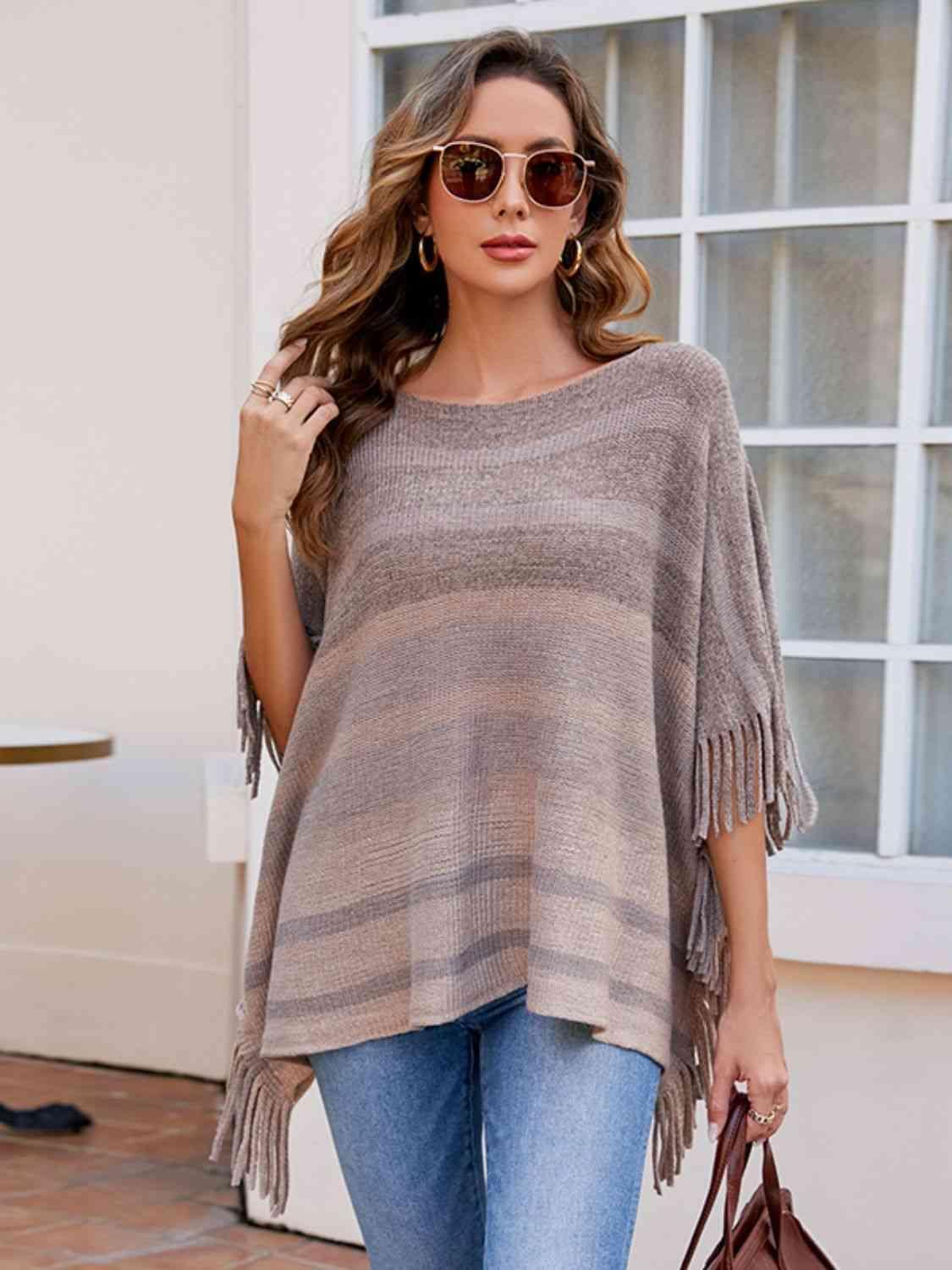 Boho Vibe Boat Neck Fringe Poncho-MXSTUDIO.COM