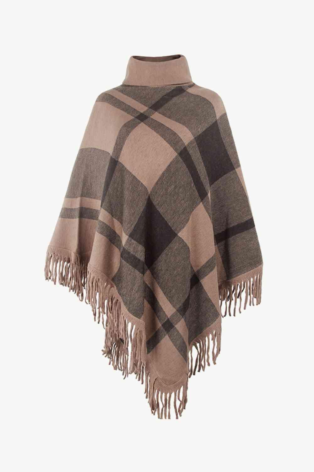 Boho Vibe Plaid Fringe Turtleneck Poncho - MXSTUDIO.COM