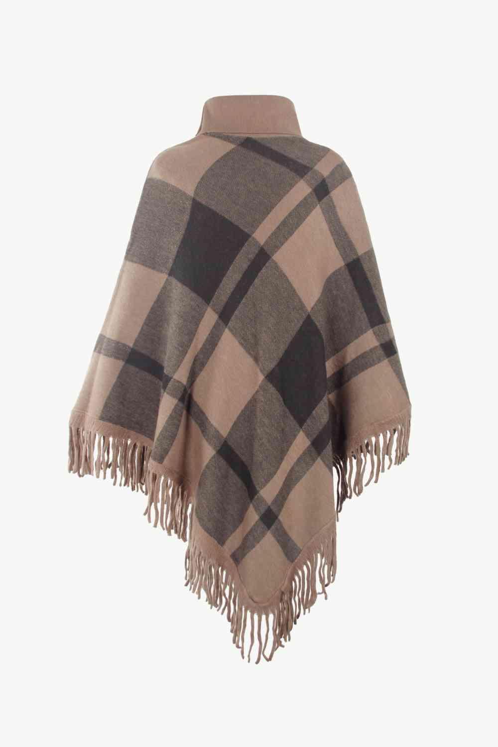 Boho Vibe Plaid Fringe Turtleneck Poncho - MXSTUDIO.COM