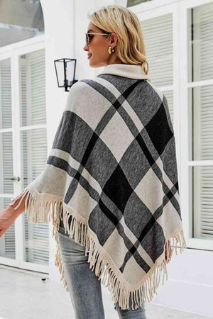 Boho Vibe Plaid Fringe Turtleneck Poncho - MXSTUDIO.COM