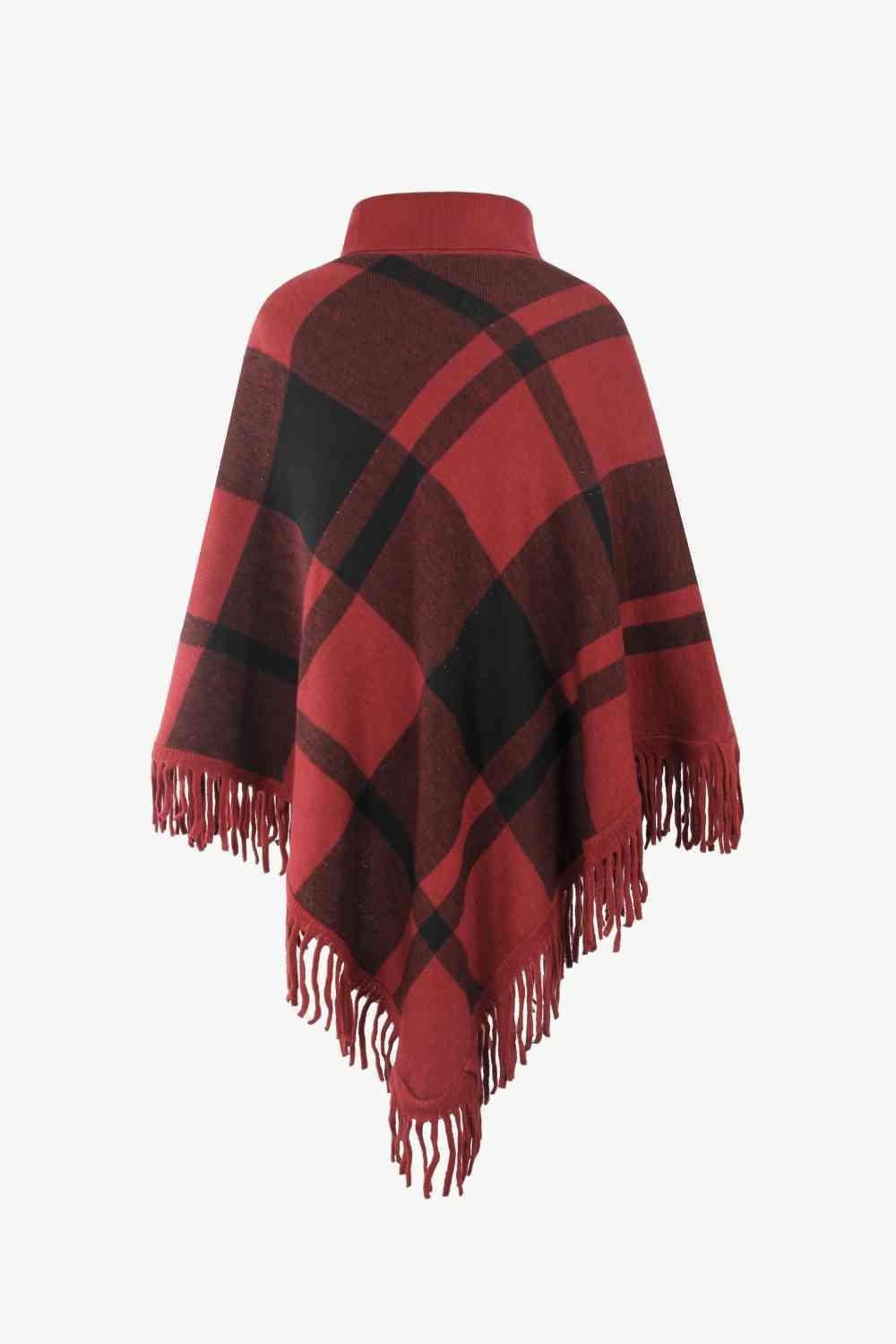 Boho Vibe Plaid Fringe Turtleneck Poncho - MXSTUDIO.COM