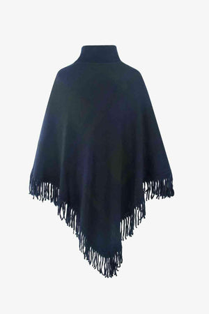 Boho Vibe Plaid Fringe Turtleneck Poncho - MXSTUDIO.COM