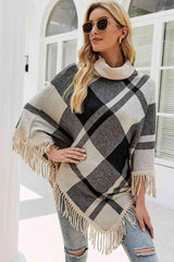 Boho Vibe Plaid Fringe Turtleneck Poncho - MXSTUDIO.COM