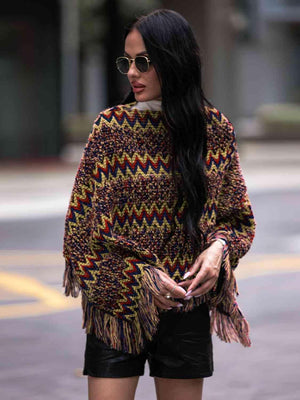 Boho Winter Boat Neck Knitted Fringe Poncho - MXSTUDIO.COM