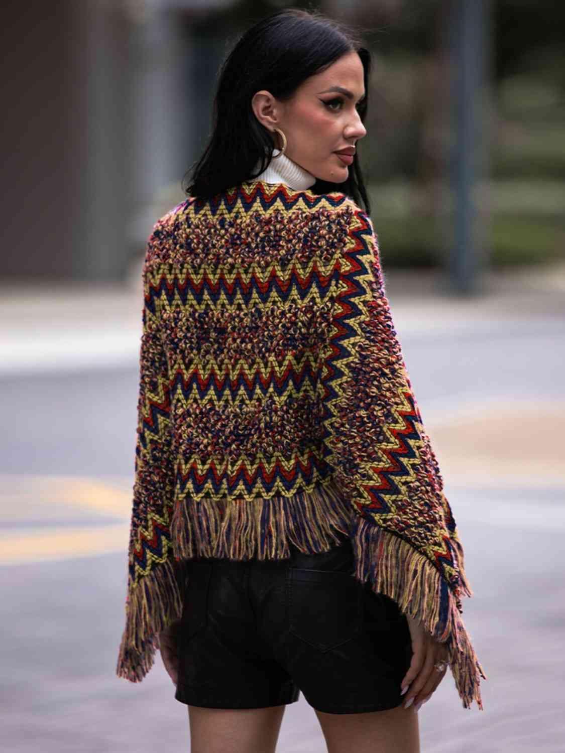 Boho Winter Boat Neck Knitted Fringe Poncho - MXSTUDIO.COM