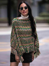 Boho Winter Boat Neck Knitted Fringe Poncho - MXSTUDIO.COM