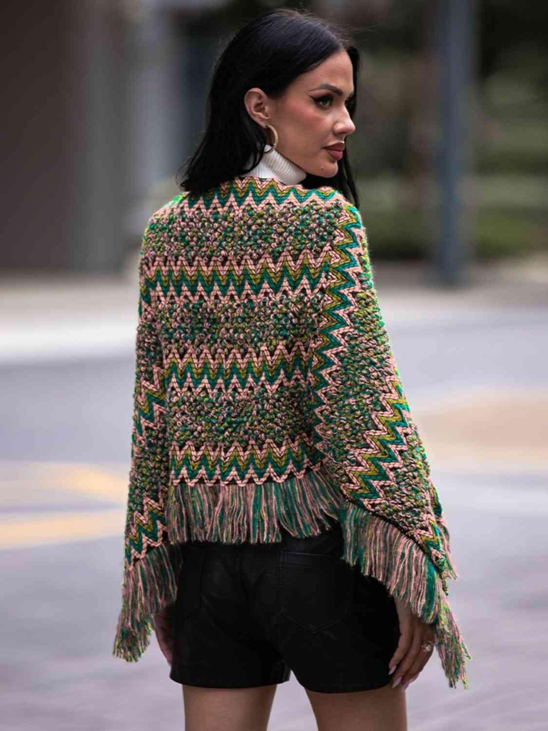 Boho Winter Boat Neck Knitted Fringe Poncho - MXSTUDIO.COM