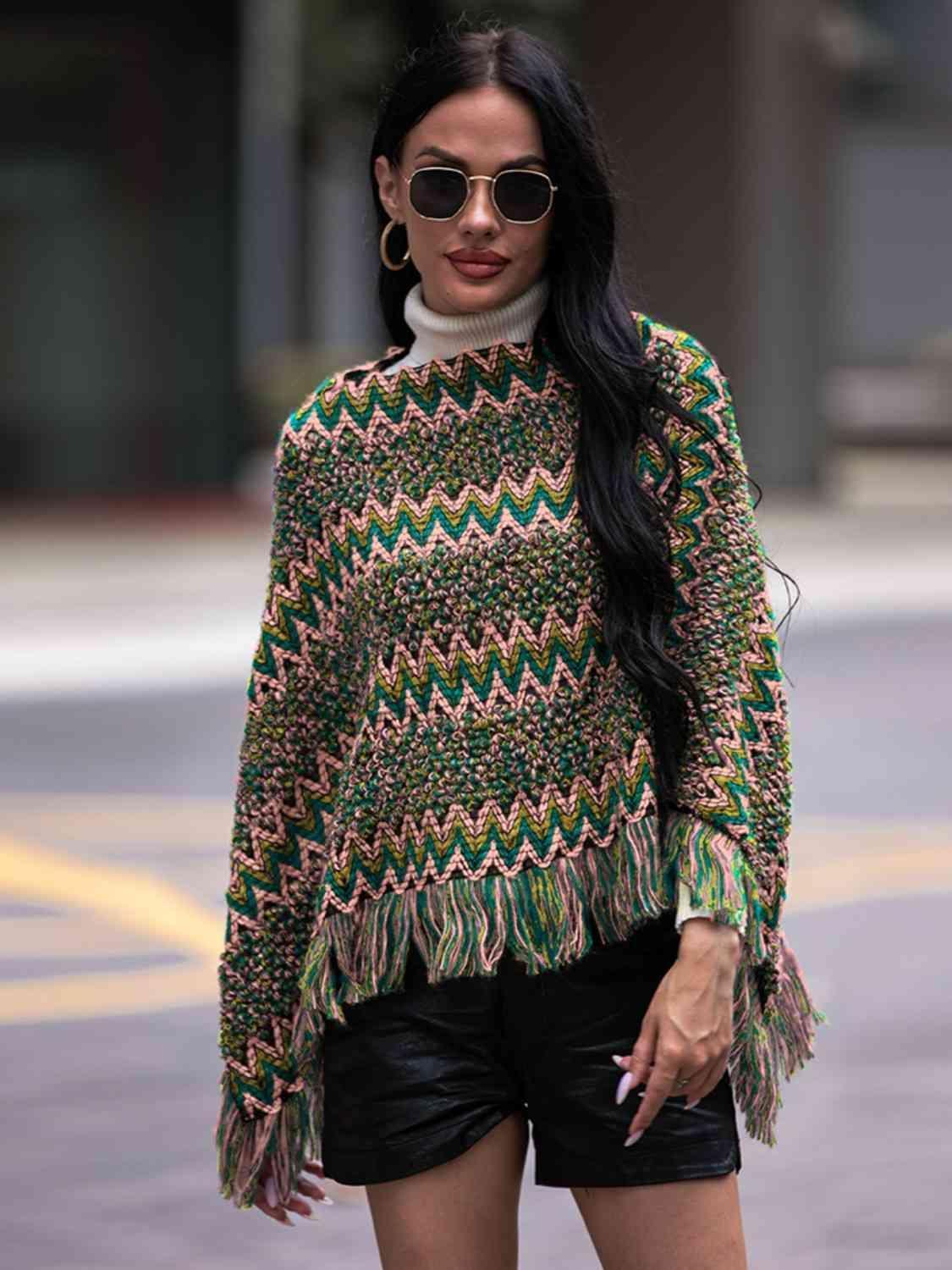 Boho Winter Boat Neck Knitted Fringe Poncho - MXSTUDIO.COM