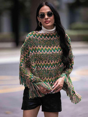 Boho Winter Boat Neck Knitted Fringe Poncho - MXSTUDIO.COM