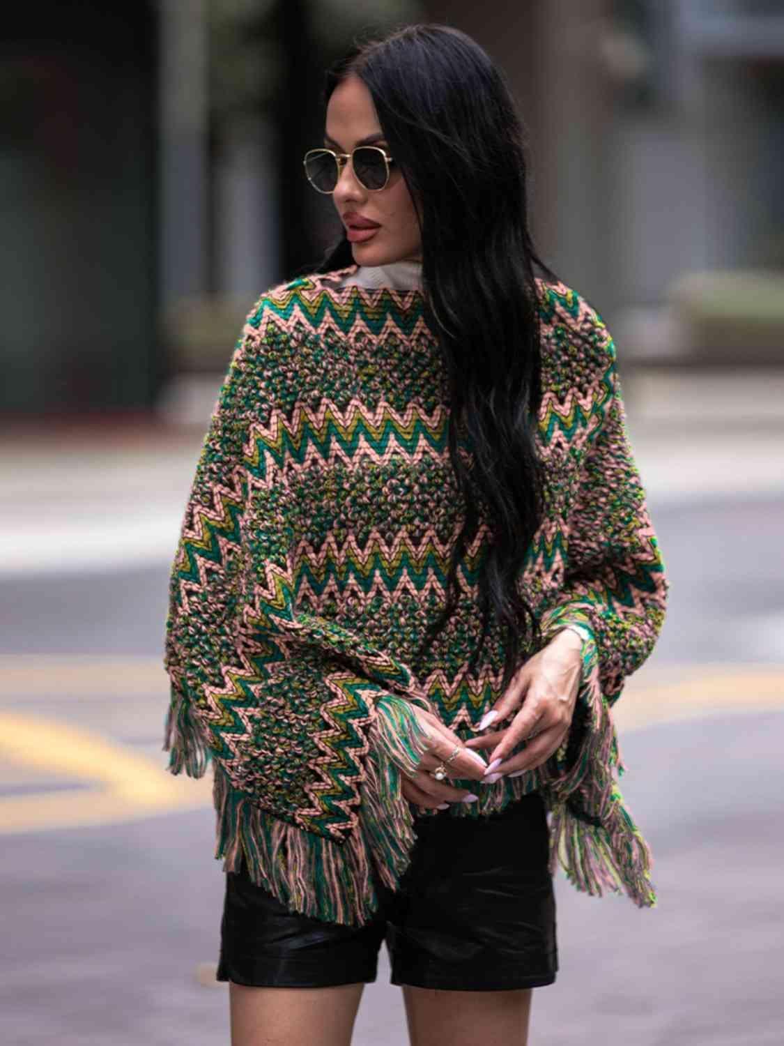 Boho Winter Boat Neck Knitted Fringe Poncho - MXSTUDIO.COM