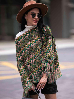 Boho Winter Boat Neck Knitted Fringe Poncho - MXSTUDIO.COM