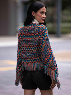 Boho Winter Boat Neck Knitted Fringe Poncho - MXSTUDIO.COM