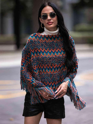 Boho Winter Boat Neck Knitted Fringe Poncho - MXSTUDIO.COM