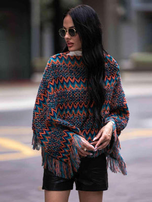 Boho Winter Boat Neck Knitted Fringe Poncho - MXSTUDIO.COM