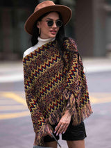 Boho Winter Boat Neck Knitted Fringe Poncho - MXSTUDIO.COM