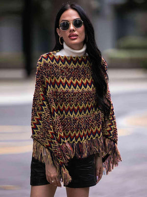 Boho Winter Boat Neck Knitted Fringe Poncho - MXSTUDIO.COM