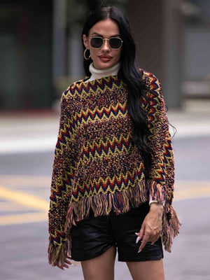 Boho Winter Boat Neck Knitted Fringe Poncho - MXSTUDIO.COM