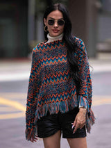 Boho Winter Boat Neck Knitted Fringe Poncho - MXSTUDIO.COM