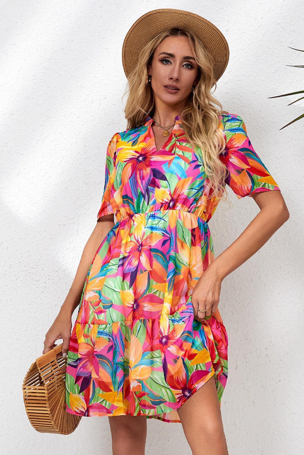 Bold And Bright Short Sleeve Floral Mini Dress - MXSTUDIO.COM