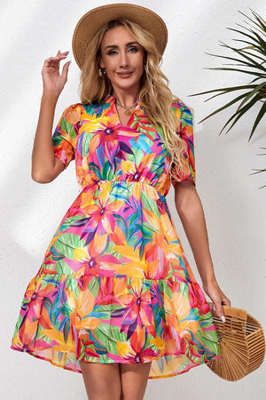 Bold And Bright Short Sleeve Floral Mini Dress - MXSTUDIO.COM