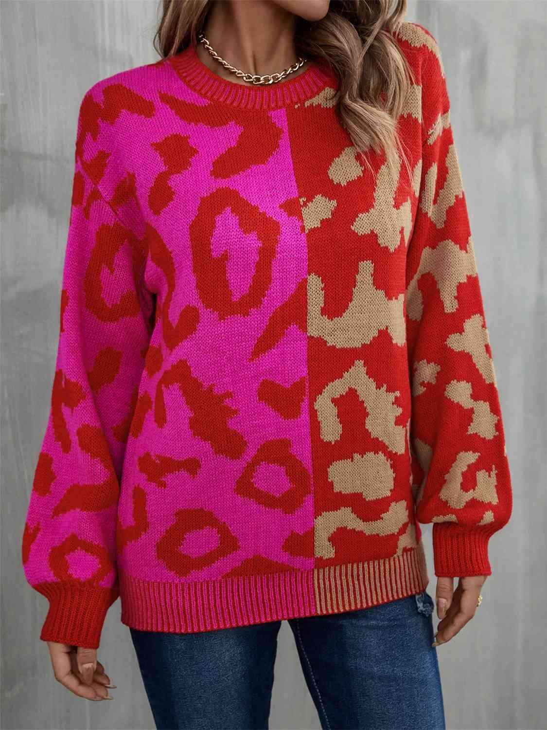 Bold And Cozy Crew Neck Leopard Print Sweater-MXSTUDIO.COM