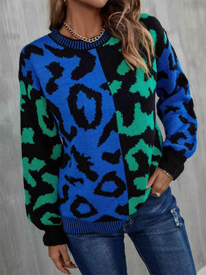 Bold And Cozy Crew Neck Leopard Print Sweater-MXSTUDIO.COM