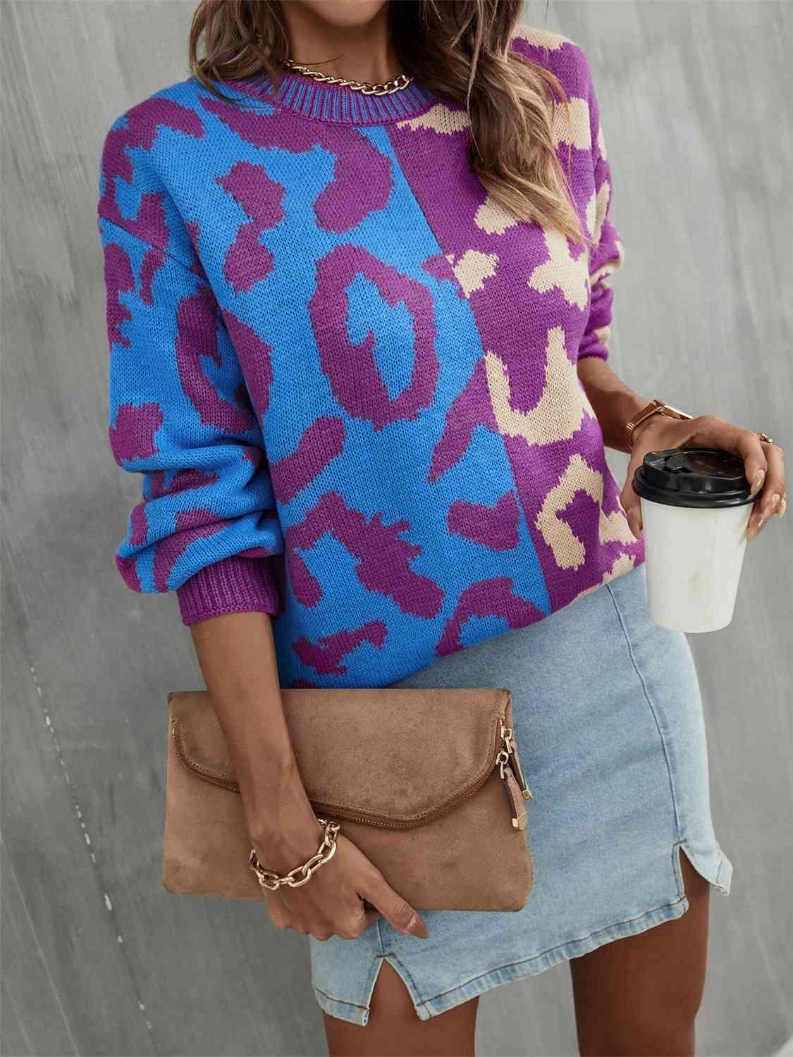 Bold And Cozy Crew Neck Leopard Print Sweater-MXSTUDIO.COM