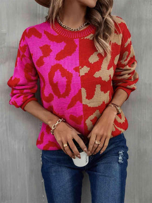 Bold And Cozy Crew Neck Leopard Print Sweater-MXSTUDIO.COM