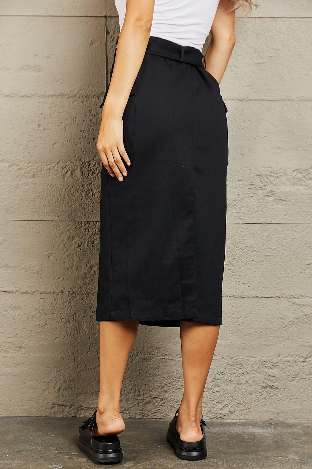 Bold And Edgy Pocketed Belted Midi Skirt - MXSTUDIO.COM