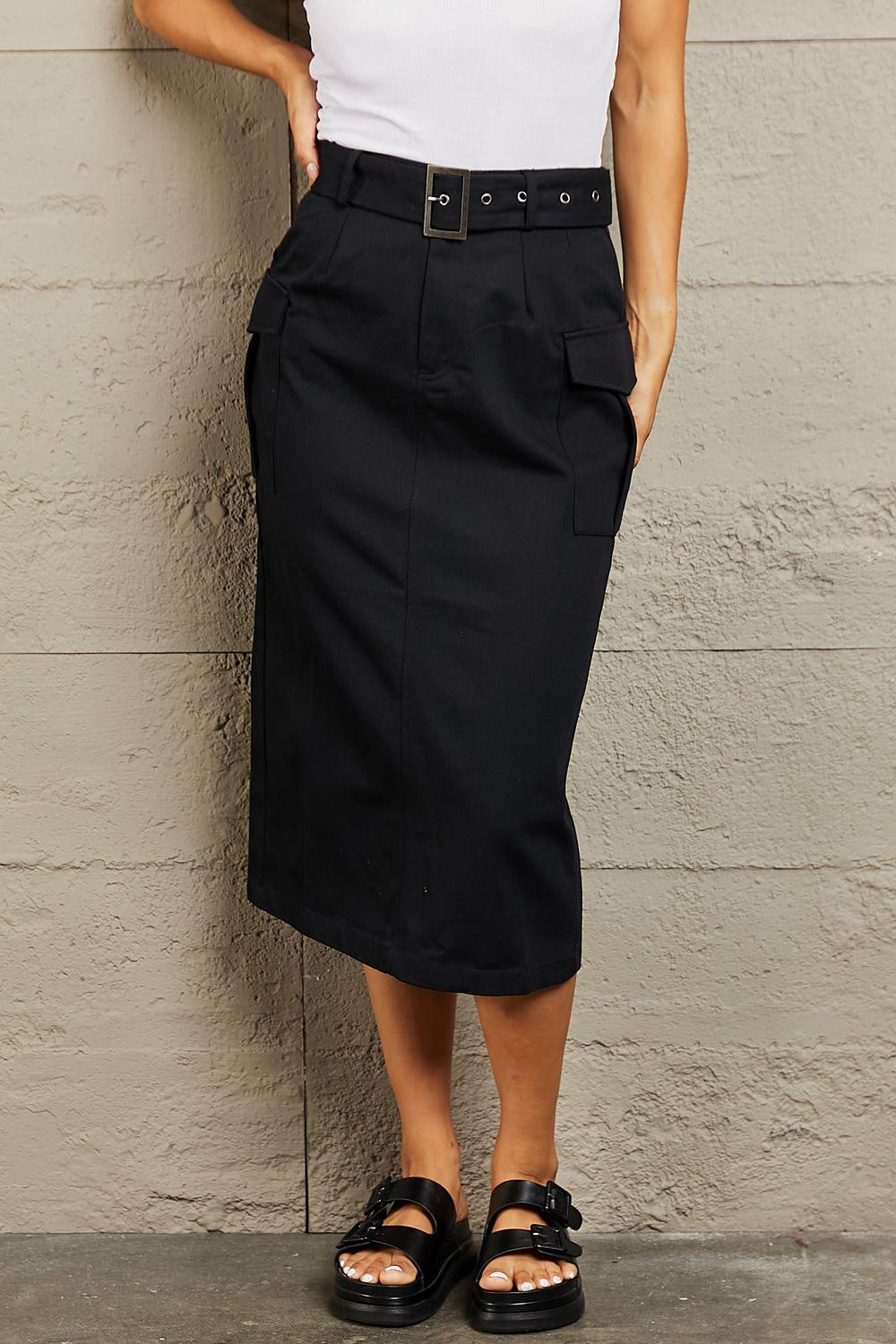 Bold And Edgy Pocketed Belted Midi Skirt - MXSTUDIO.COM